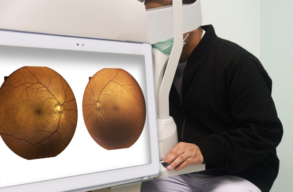 A man receiving a fundoscopic eye exam, which can help detect diabetes.