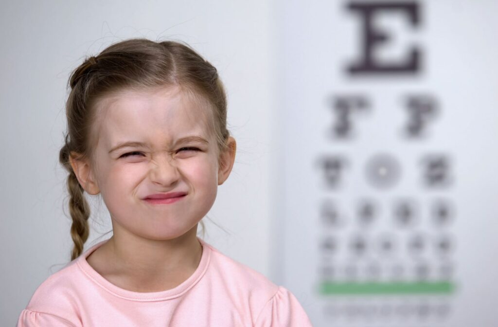 A young girl sitting in front of a Snellen eye chart and she is squinting due to difficulty seeing