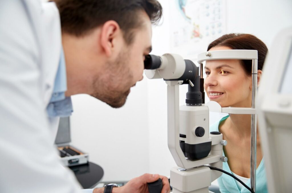 an optometrist uses tonometry to check a patient's eye pressure to determine their risk of developing glaucoma