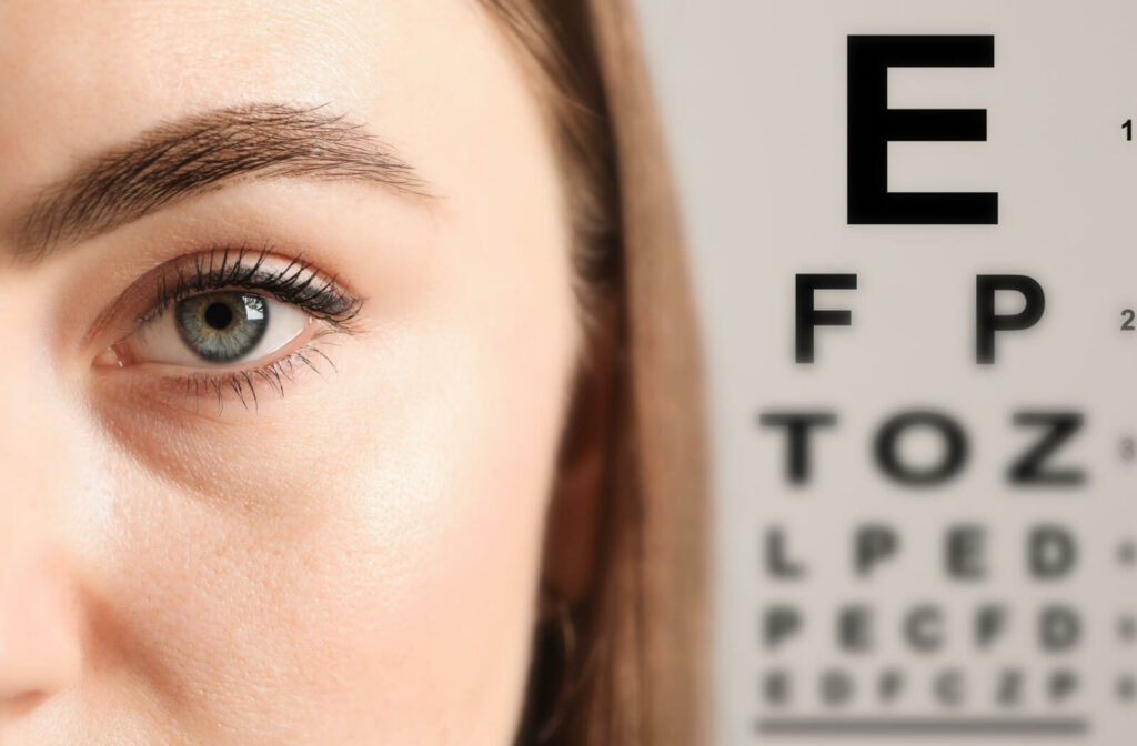 A close-up image of a patient's left eye in front of a letter chart during a comprehensive eye exam.