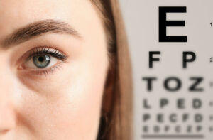 A close-up image of a patient's left eye in front of a letter chart during a comprehensive eye exam.