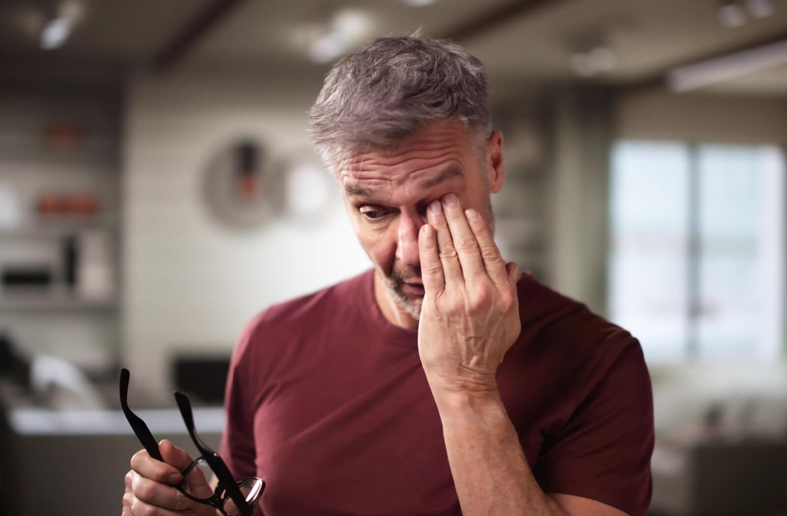 An individual removing their eyeglasses to rub a tired, irritated eye in a home setting.