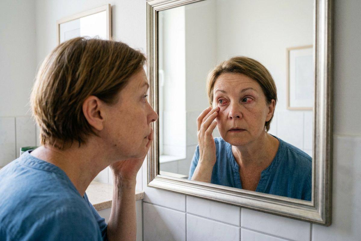 Adult examining their eye in a bathroom mirror, pulling down the lower eyelid with a finger.