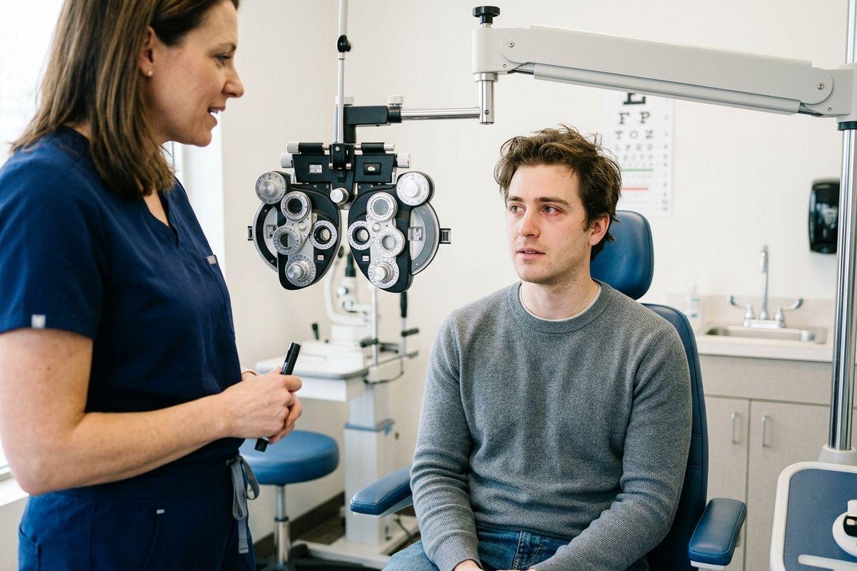 Optometrist talking to a patient seated in an exam chair beside a phoropter, with an eye chart on the wall.
