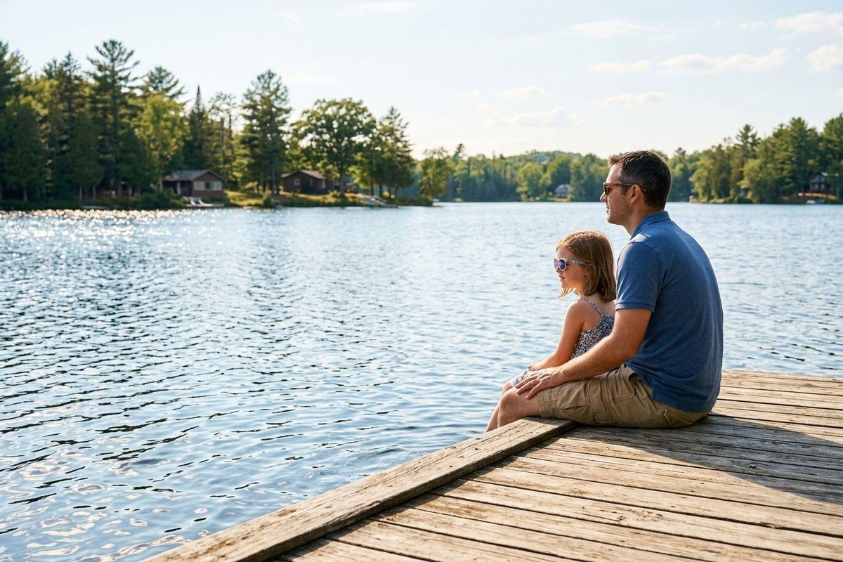 Adult and child in sunglasses sit side by side on a wooden dock, looking out over a lake with cabins and trees along the far shore.