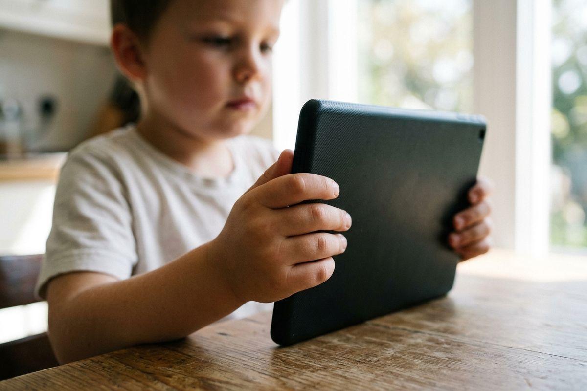 Child holding a black tablet with both hands at a wooden table by a bright window, looking at the screen with a focused expression.