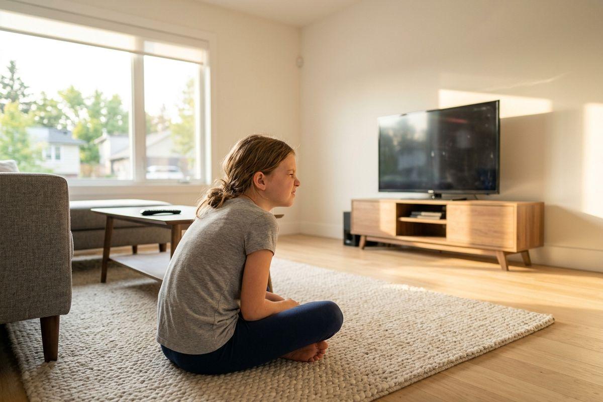 Child sits cross-legged on a woven rug in a sunlit living room, facing a large TV on a wooden stand.