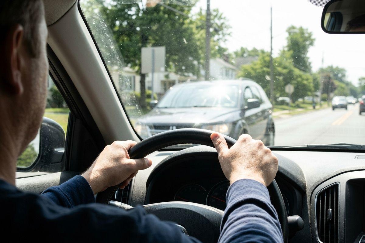 View from behind an adult gripping a car steering wheel with both hands as an SUV pulls out ahead on a sunlit residential street.