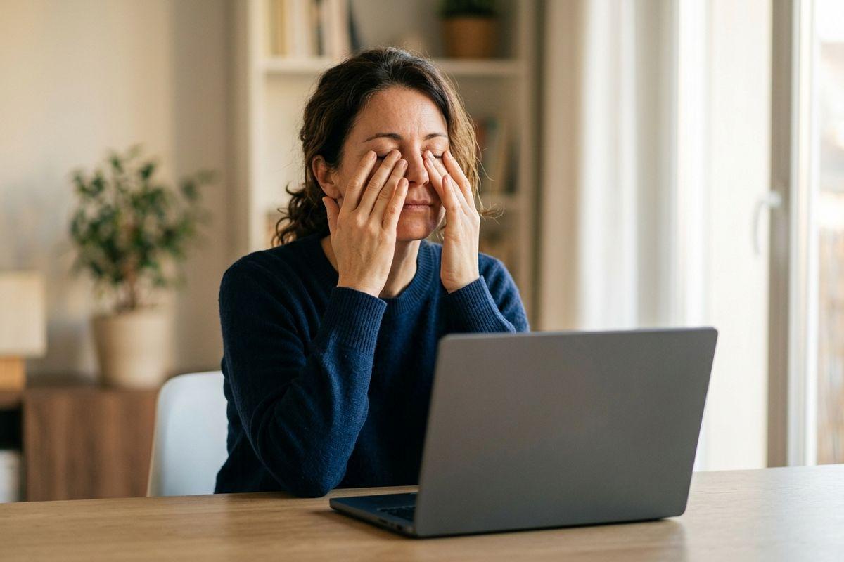 Adult in a navy sweater sits at a wooden table with a laptop, rubbing both eyes with hands, eyes closed, in a bright room.