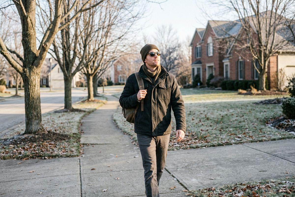 Person in beanie, sunglasses and winter jacket with a backpack walking along a suburban sidewalk past bare trees and brick houses.