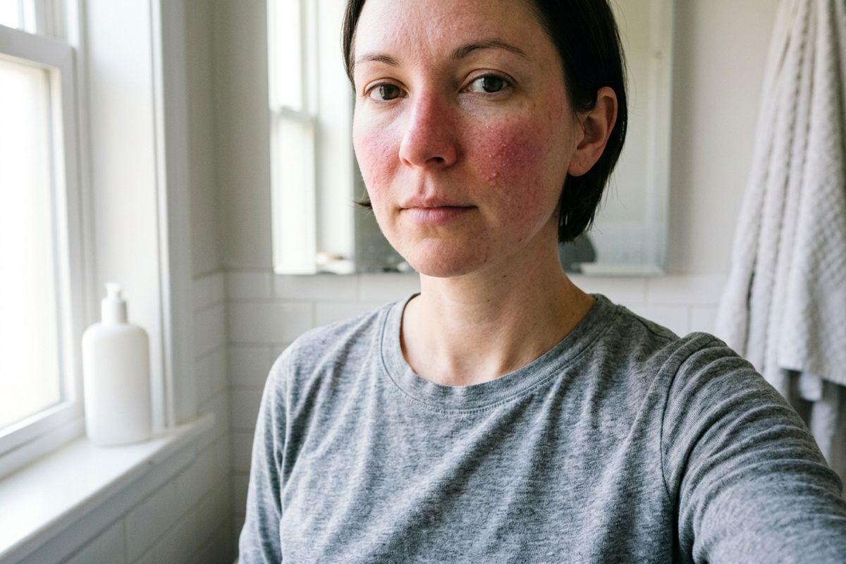 Person with redness and small bumps across the cheeks and nose taking a selfie in a bright bathroom, with a pump bottle on the windowsill.