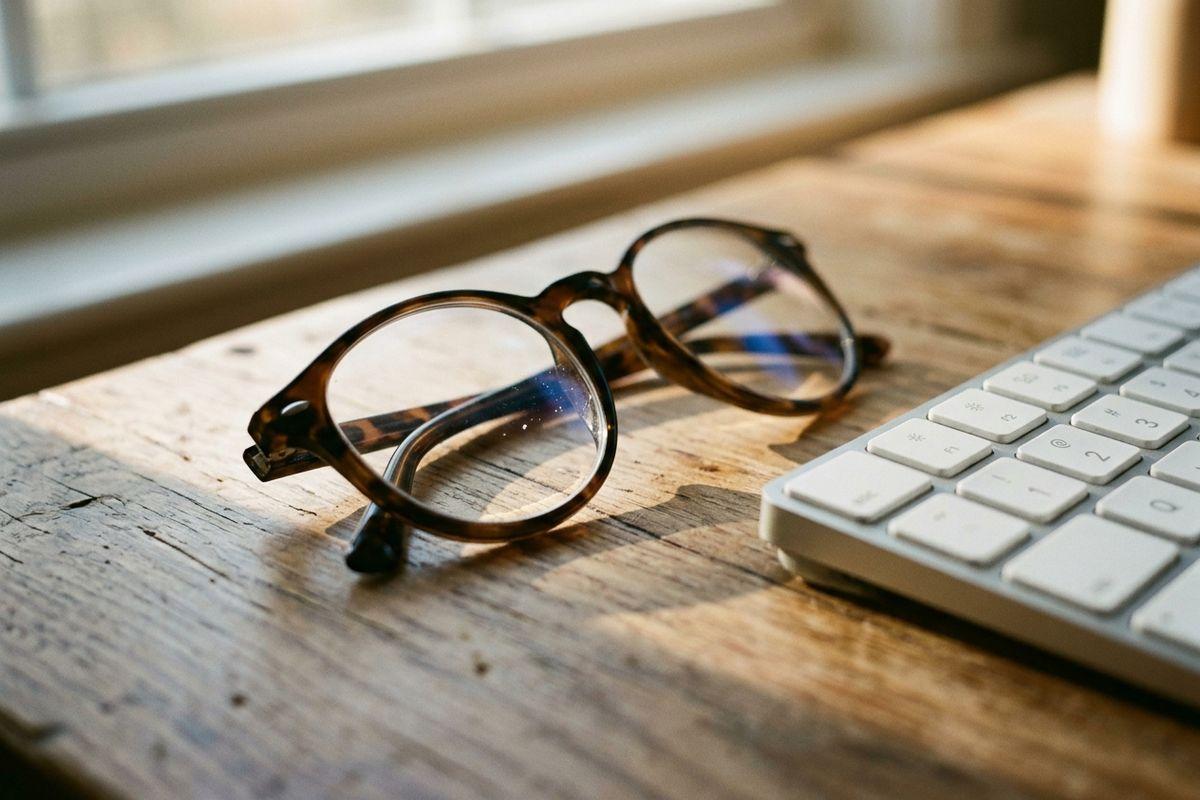 Round tortoiseshell glasses folded on a sunlit wooden desk beside a white keyboard, near a window.